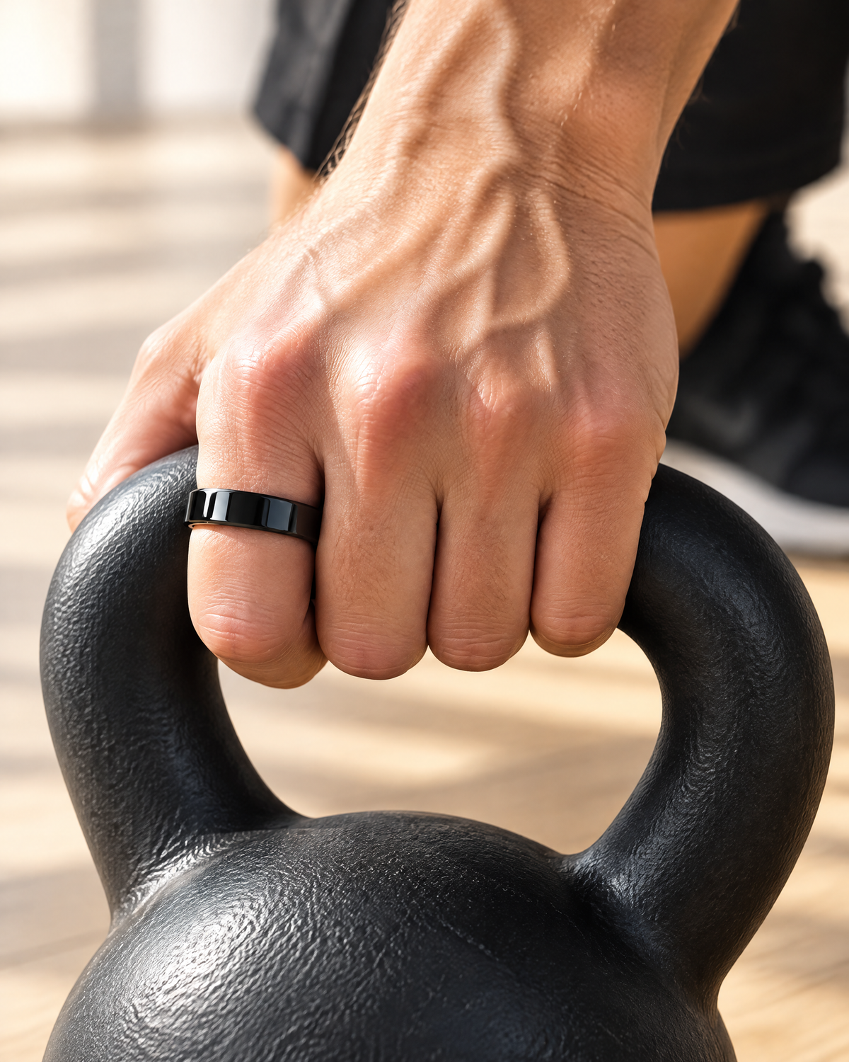 CIRCA smart ring worn while lifting a kettlebell