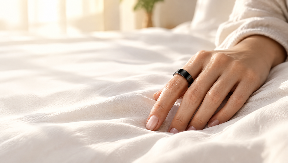 CIRCA smart ring on a hand resting on linen sheets in morning light